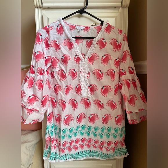 crown & ivy Tops - crown & ivy Pink and Teal Crab Print swimsuit coverup / tunic top